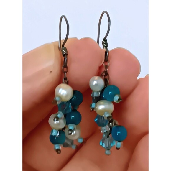 Sterling Silver Chalcedony & Pearl Cluster Dangle Earrings 1.5 in - Picture 8 of 13